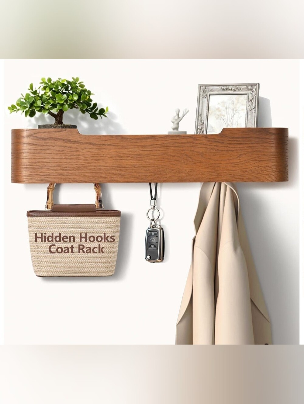 Coat Rack Wall Mount with Hidden Hooks Modern Key Holder Wood Entryway.